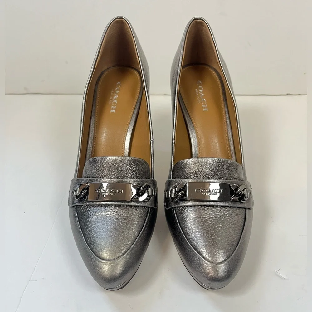 Coach Silver Leather Platform Loafers Size 6.5 B